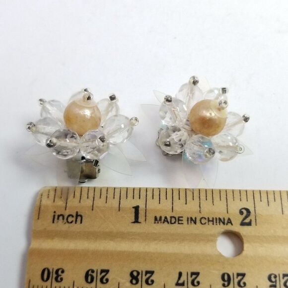 Vintage Beaded Cluster Flower Clip On Earrings, West Germany, Clear Faux Pearl - Picture 3 of 7